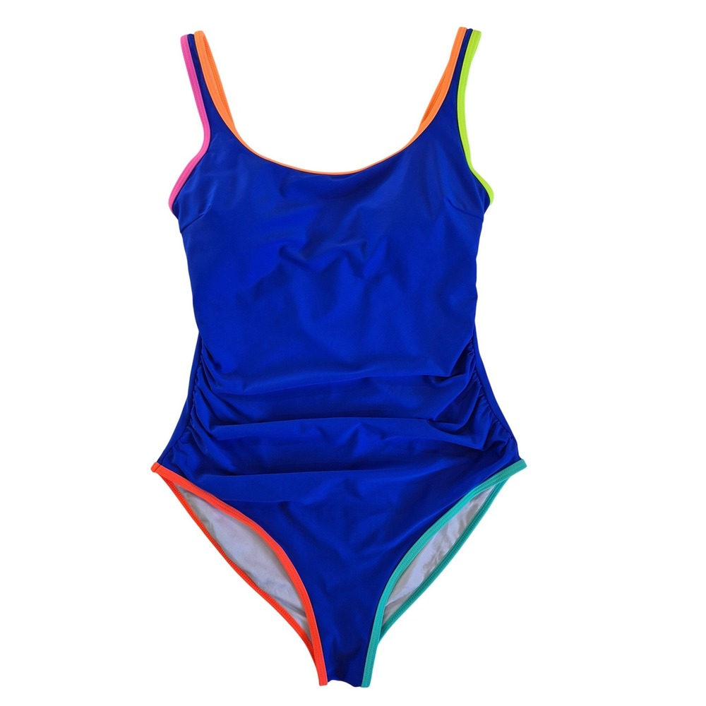 Popvil Womens One Piece‎ Swimsuit Neon Colorblock Ruching Blue Size Medium